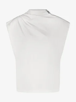 Top met draperende halslijn en rits detail op schouder
