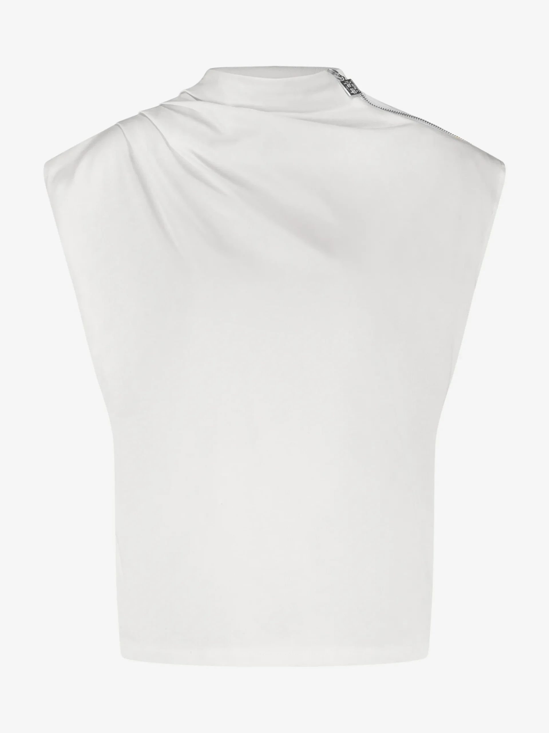 Top met draperende halslijn en rits detail op schouder