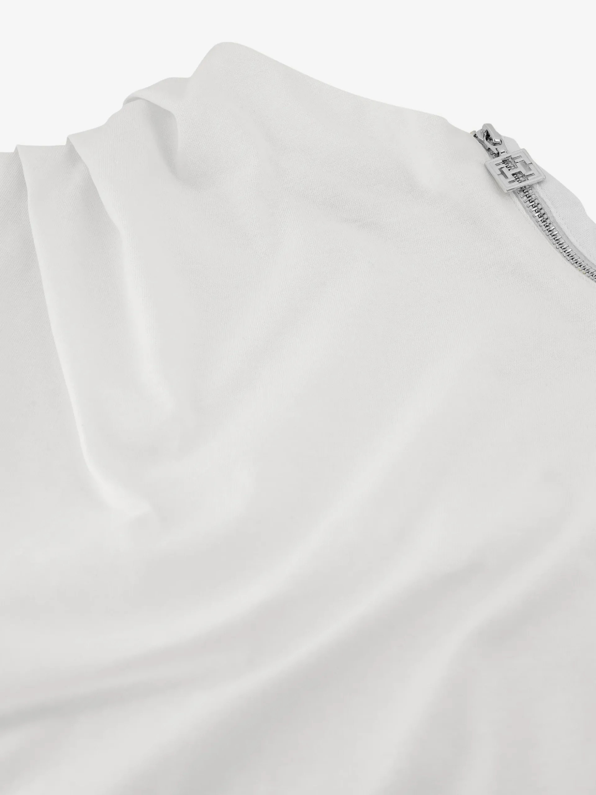 Top met draperende halslijn en rits detail op schouder